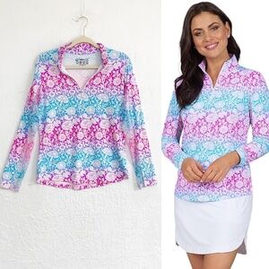 IBKUL Jesse Quarter Zip Turquoise & Pink Floral UPF+50 Pullover Sz M